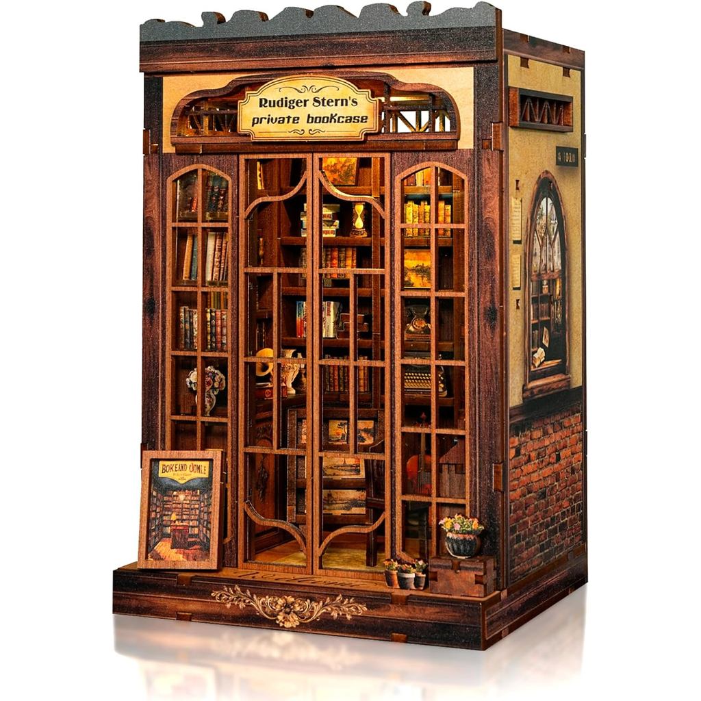 DIY Miniature House Kit, Library Book Nook Kit, 3D ปริศนาไม้ชั้นวางหนังสือหัตถกรรมชุด,ตุ๊กตาพร้อมไฟ 