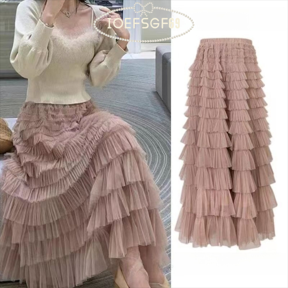 กระโปรงทรงเค้กชั้นหรูสำหรับผู้หญิง แบบเอวสูงลายลูกไม้หวาน ทำจาก Tulle