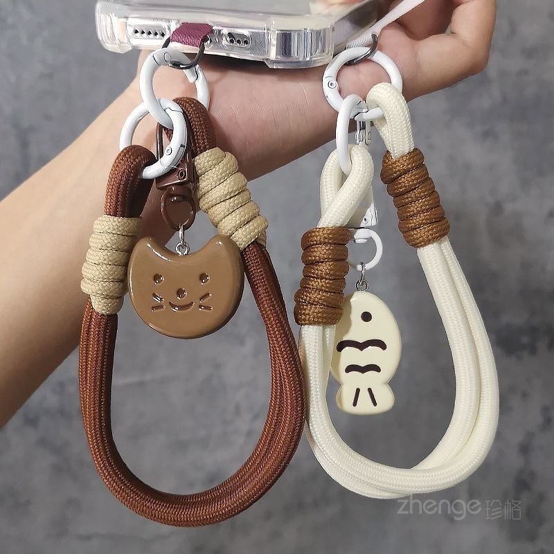 Ins สไตล์ Dirt-Resistant เคสโทรศัพท์สีดํา Lanyard การ์ตูนแมวสีน้ําตาลเคสโทรศัพท์แขวนโซ่ Lanyard กระเป๋าสายคล้องมือ