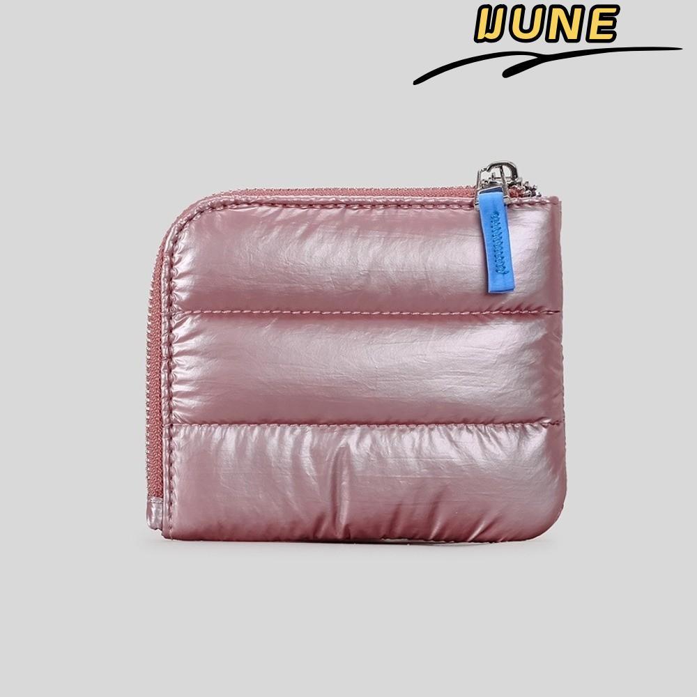 กระเป๋าสตางค์บุนวม IJUNE, กระเป๋าใส่เหรียญผ้าไนลอนสีทึบ, กระเป๋าใส่บัตรขนาดเล็กทรงสี่เหลี่ยมน้ําหนักเบาพิเศษแบบพกพาน่ารัก