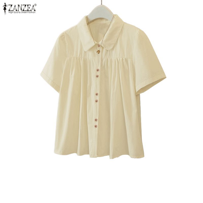 ZANZEA สไตล์เกาหลีสำหรับผู้หญิง ฤดูร้อน แขนสั้น ปกพับลง ลายตัดเย็บสวย