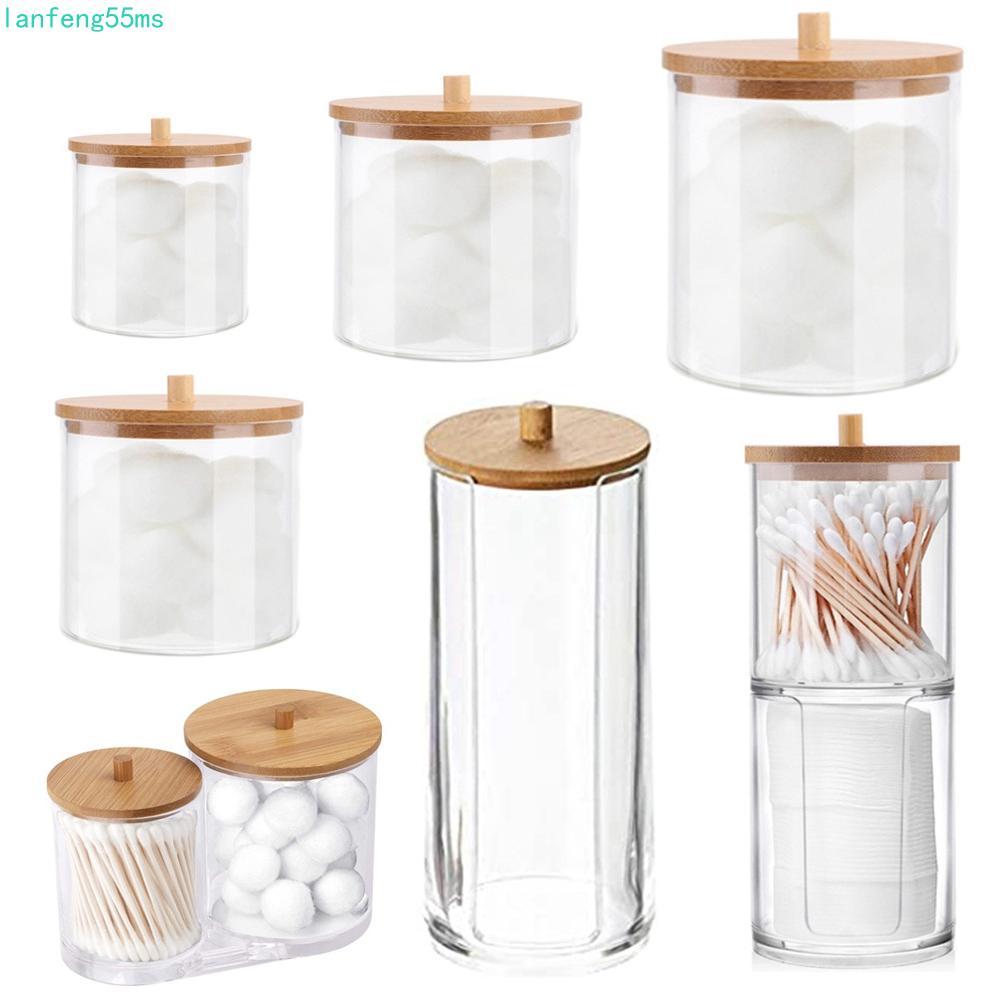 LANFENG Qtips ผู้ถืออะคริลิคสําหรับอุปกรณ์ห้องน้ําพร้อมฝาปิดไม้ไผ่คอนเทนเนอร์แต่งหน้าเครื่องสําอางค์