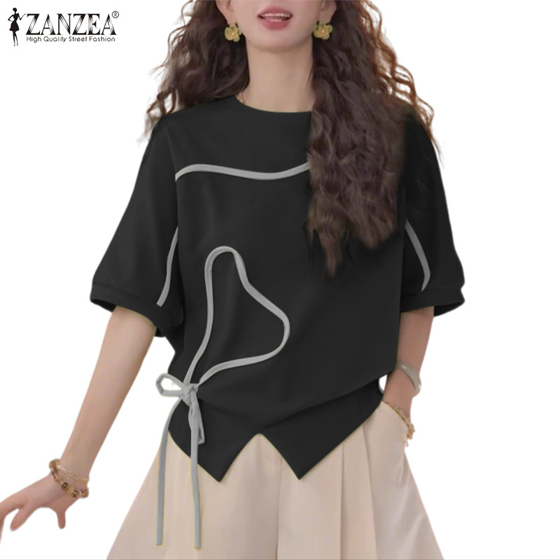 ZANZEA ผู้หญิงเกาหลี Street สไตล์รอบคอกลางแขน Contrast Line พิมพ์ Slit Hem เสื้อยืด Presale