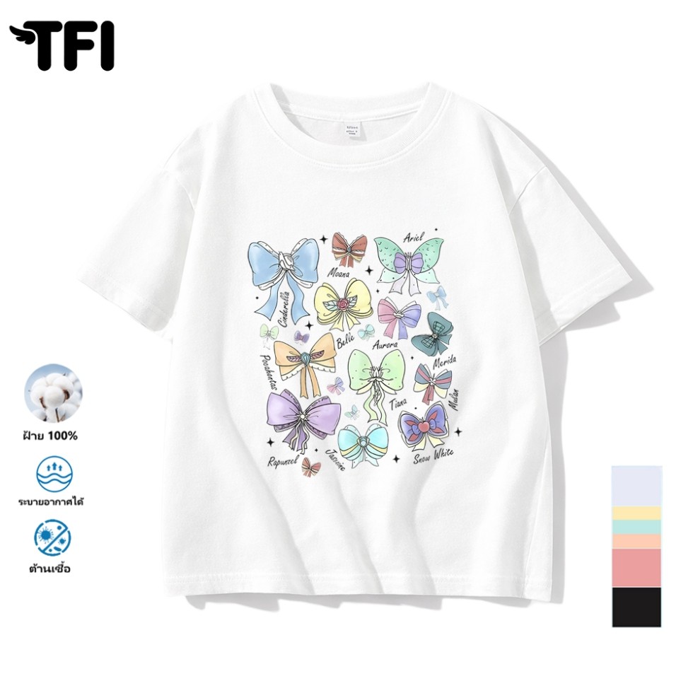 TFI เสื้อยืดแขนสั้นเด็ก สไตล์ลำลอง summer โค้งคำนับ พิมพ์ลาย คอตตอน คอกลม หลวมและระบายอากาศ สำหรับเด