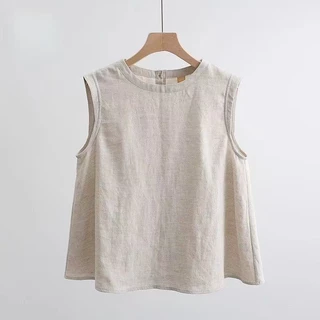 เสื้อสายเดี่ยวแขนกุดสำหรับผู้หญิง ทําจากผ้าฝ้ายและลินิน ออกแบบมาอย่างหลวมสบาย