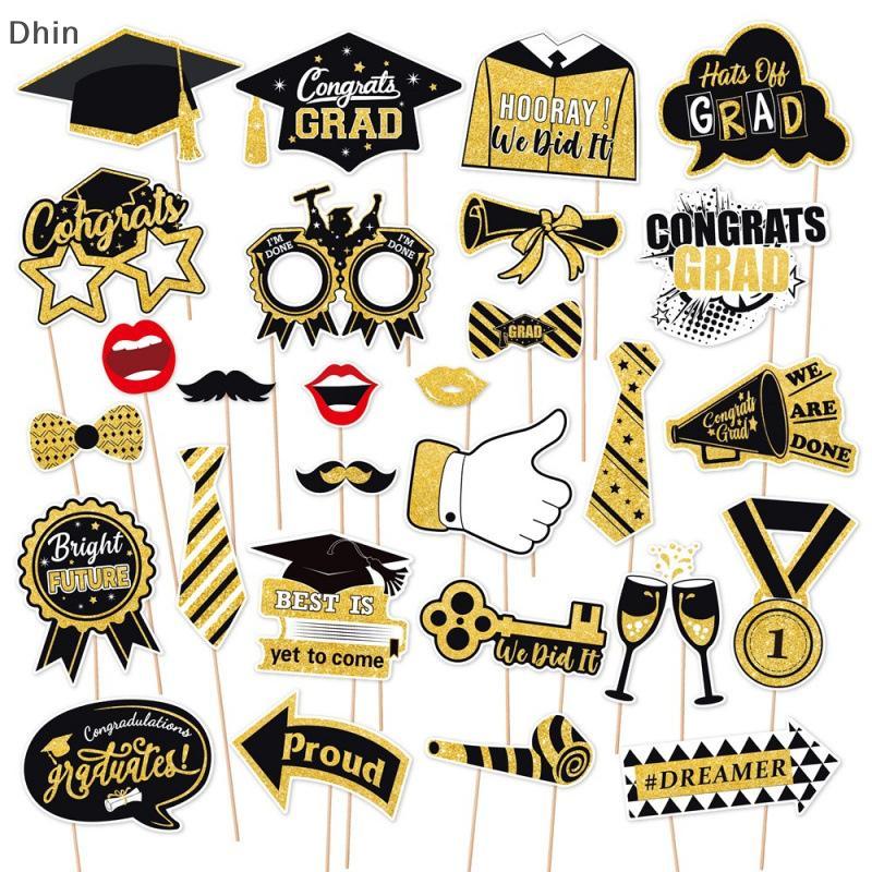 [Dhin] 28 ชิ้น Graduation Photo Booth Props ชุด, DIY ตกแต่งการถ่ายภาพสําเร็จการศึกษา Party Pose ป้าย
