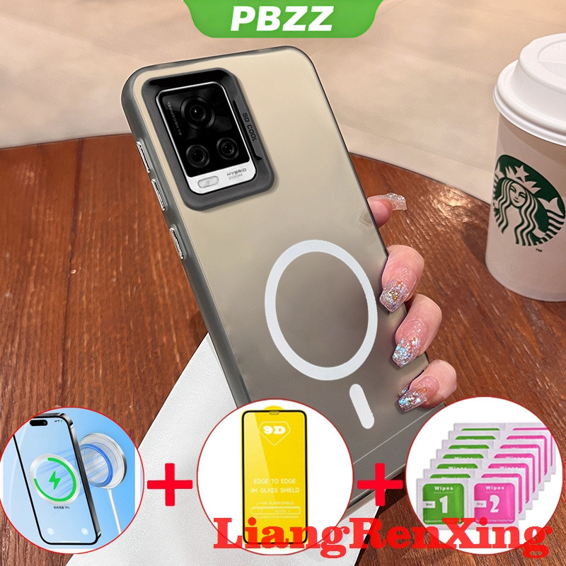 PBZZ 4 In 1 พร้อมกระจกนิรภัยกรณีสําหรับ vivo v20 PRO v20se v23e v23 v21 v21e 5G เคสโทรศัพท์เคสแข็ง TPU กันกระแทกการออกแบบใหม่ความงามไร้สาย CYMBS01