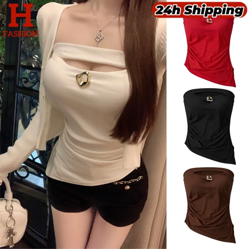 HOT 'พร้อมส่ง' เสื้อเกาะอก ติดอะไหล่ทอง เข้ารูป มีฟองน้ำใส่สบาย ดีเทลย้นๆตรงเอว FY10171