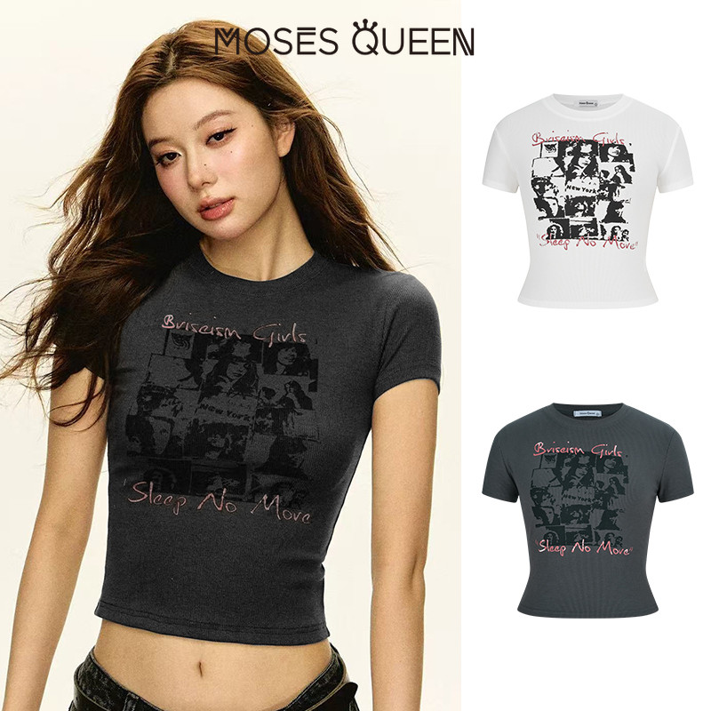 MOSESQUEEN เสื้อผู้หญิงคอเสื้อลูกเรือแขนสั้น พิมพ์ลายระบายอากาศได้ดี สลิมฟิตมีสไตล์สำหรับใส่ทุกวัน #63605