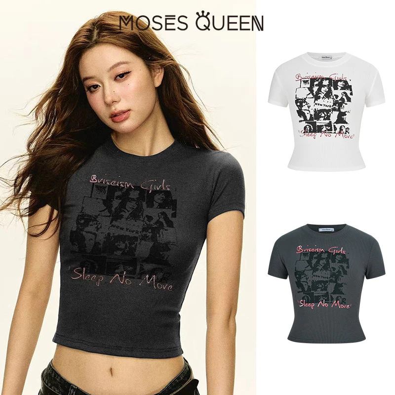 MOSESQUEEN เสื้อผู้หญิงคอเสื้อลูกเรือแขนสั้น พิมพ์ลายระบายอากาศได้ดี สลิมฟิตมีสไตล์สำหรับใส่ทุกวัน #63605