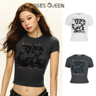 MOSESQUEEN เสื้อผู้หญิงคอเสื้อลูกเรือแขนสั้น พิมพ์ลายระบายอากาศได้ดี สลิมฟิตมีสไตล์สำหรับใส่ทุกวัน #63605