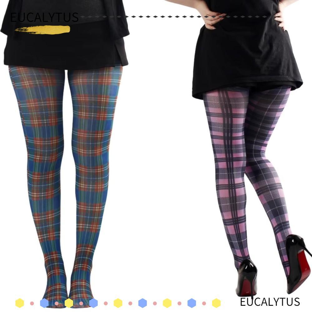 EUCALYTUSTH พิมพ์ Tights,สีแดงสีม่วงสีฟ้าคลาสสิก Tartan ผู้หญิง Pantyhose,สก็อตตรวจสอบรูปแบบ Semi-Op