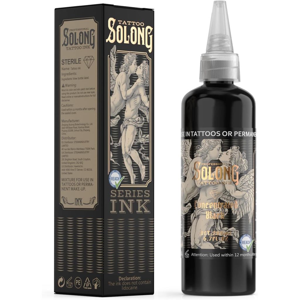 หมึกสัก,Solong S Series 6.7oz(200ml) หมึกสักสีดําระดับมืออาชีพสําหรับสักต่างๆ-อุปกรณ์สักสีดําเข้มข้น