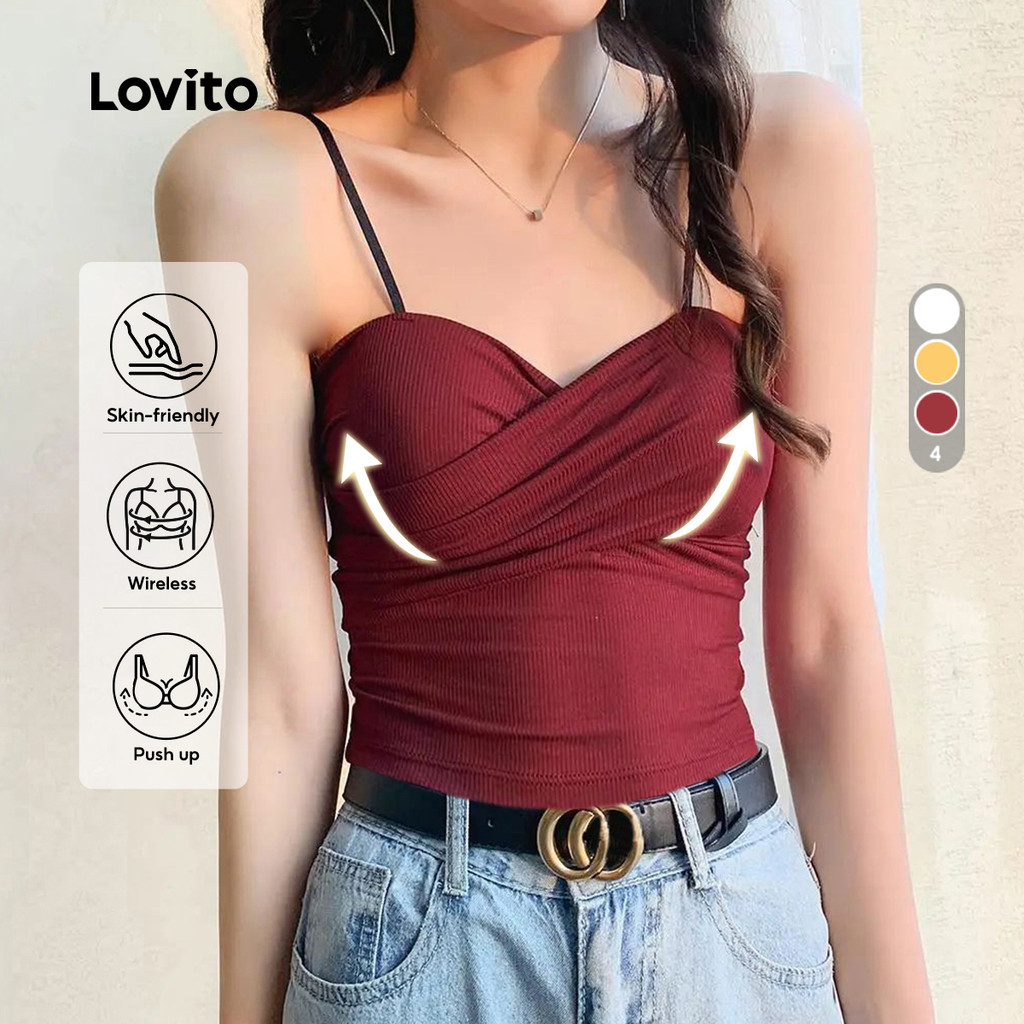 Lovito บราลำลองแบบคล้องคอสำหรับงานปาร์ตี้ สีแดง ไม่มีฟองน้ำ กระชับสัดส่วน ไร้โครง สไตล์เกาหลี สีขาว สำหรับผู้หญิง LNE126029