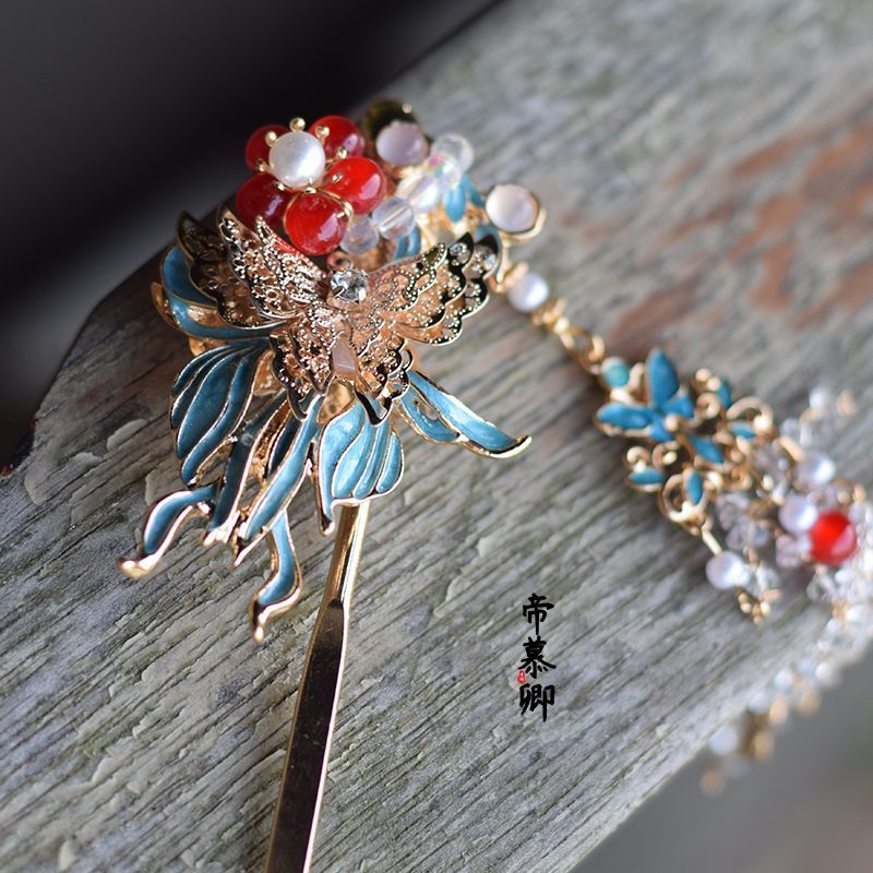 Di Muqing Hand-Made Wei Jinfeng ย่าง Blue Hairpin ใหม่จีน Hairpin หมั้นผีเสื้อ Hairpin Hanfu Koi Hai