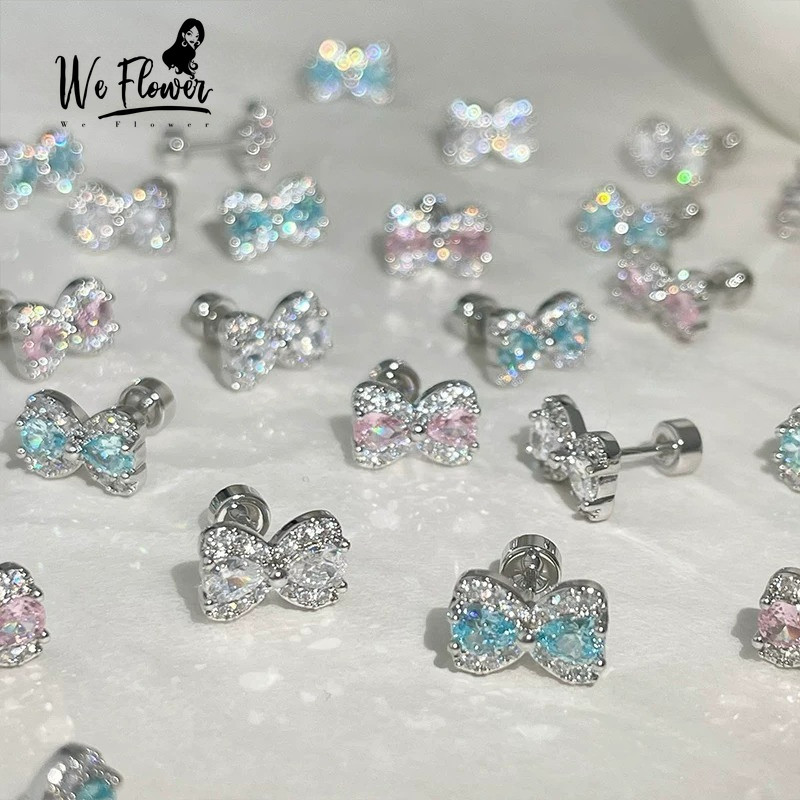 We Flower ต่างหูดอกไม้ สไตล์เกาหลี ทำจากเงิน sterling silver สีฟ้าสีชมพู สำหรับผู้หญิง – โปรปัง