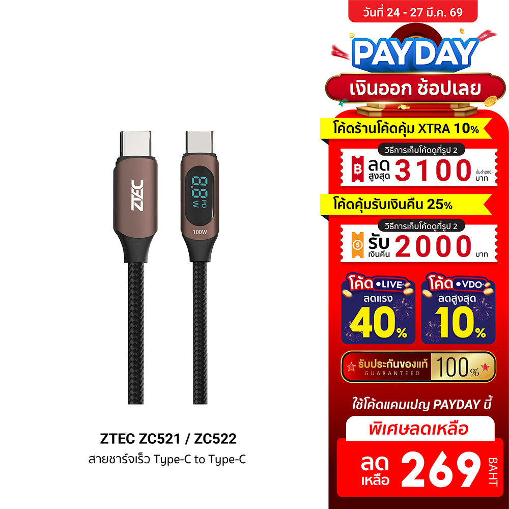 [ลดเหลือ 269] ZTEC ZC521 / ZC522 สายชาร์จ 5A 100W สายวัดกำลังไฟ USB-C to USB-C วัสดุสายถัก -2Y
