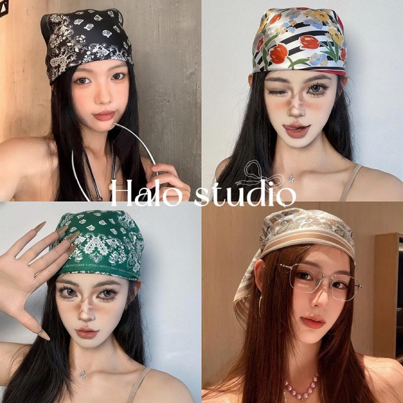 Halo studio พร้อมส่ง🔥ผ้าพันคอไหมเนื้อบางพิมพ์ลายดอกไม้สไตล์เกาหลี ยาว 70*70 ซม. ใช้ได้หลากหลายโอกาส