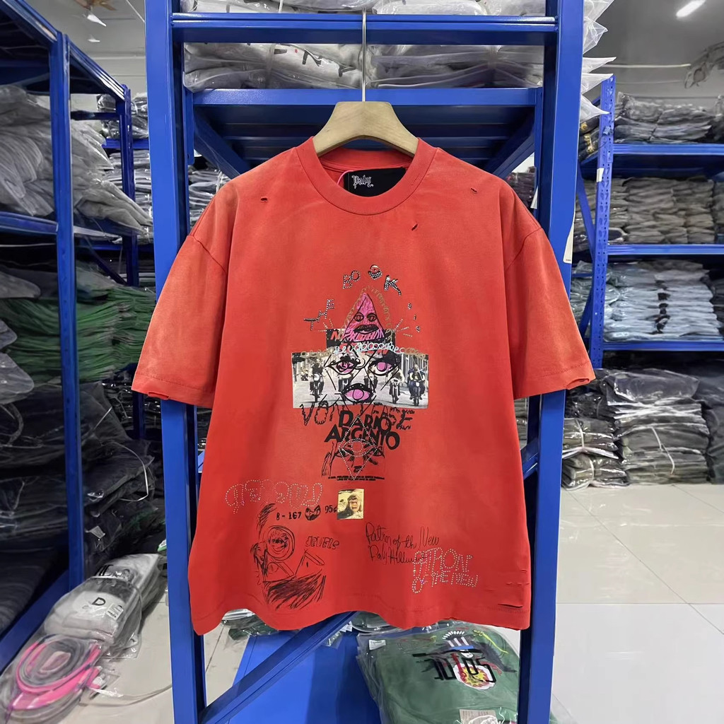 9WXC Paly Hollywood“satans sandbox'Washed vintage-style short-sleeve shirt with rhinestone print T T