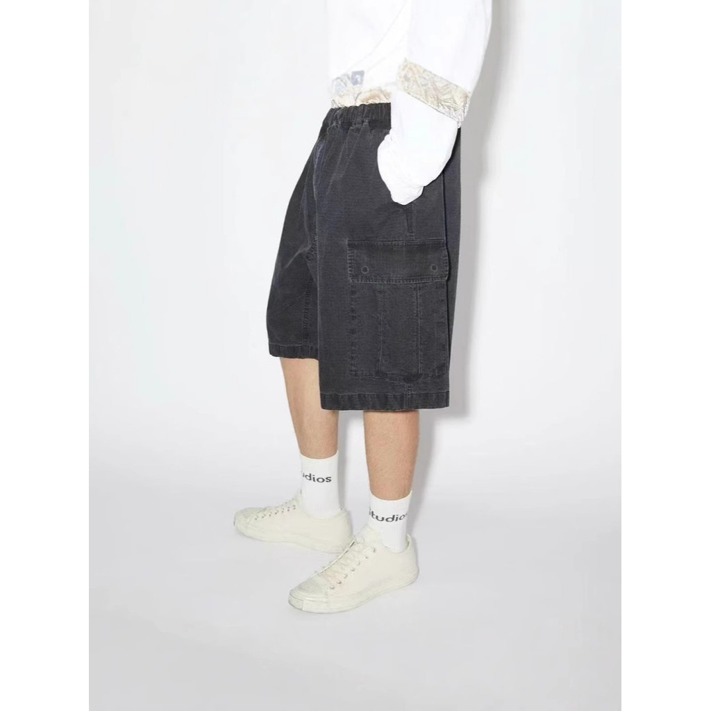7UP4 American-style washed and distressed salt-washed cargo shorts with hidden buttons, unisex, Nord
