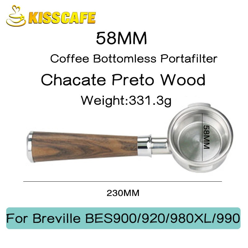 58MM Coffee Bottomless Portafilter สําหรับ Breville BES900 920 980 สแตนเลสเปลี่ยนตะกร้ากรองไม้กาแฟอุ