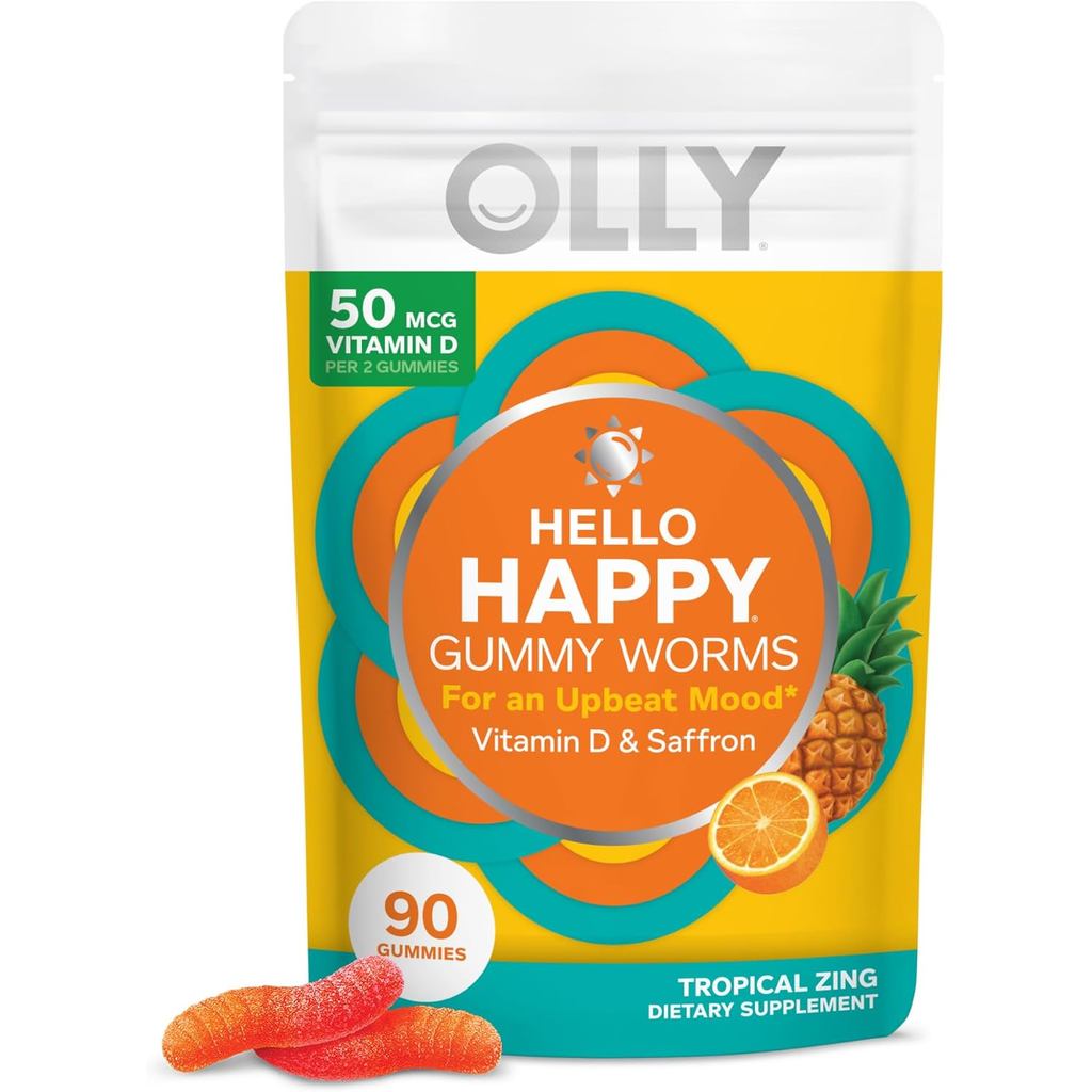 OLLY Hello Happy Gummy Worm, Emotional Balance, Vitamin D, Saffron, อาหารเสริมเคี้ยวสําหรับผู้ใหญ่, 