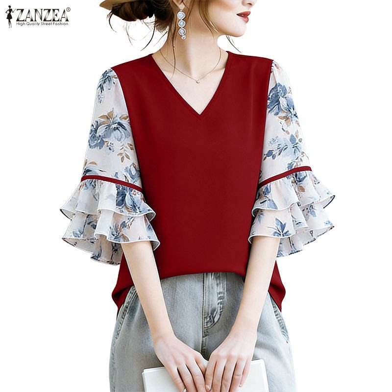 ZANZEA สไตล์เกาหลี ผ้าพิมพ์ลาย꽃 คอวีแขนระบาย สีบล็อกสำหรับสาวๆ — صورة 6