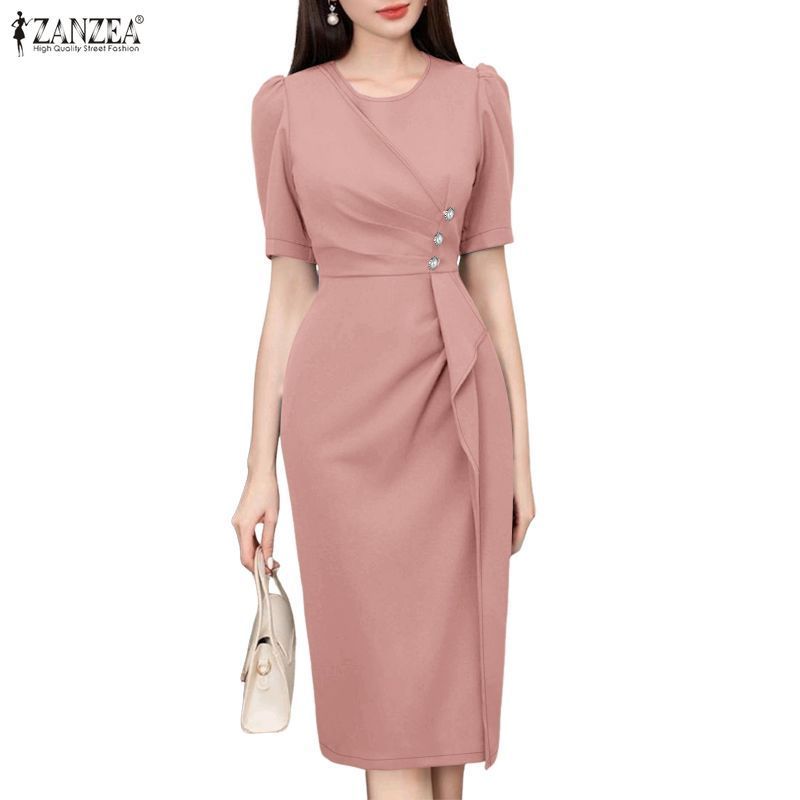 ZANZEA ชุดเดรสผู้หญิงสไตล์เกาหลีเรียบหรูกายท์ คอวี พัฟแขน และกระโปรงซิกแซ็ก