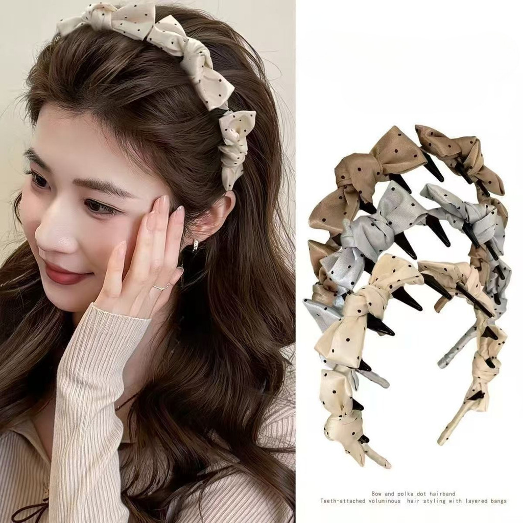 โบว์คาดศีรษะลายจุดสำหรับผู้หญิงทรงสูงกะโหลก อุปกรณ์เสริมผม
