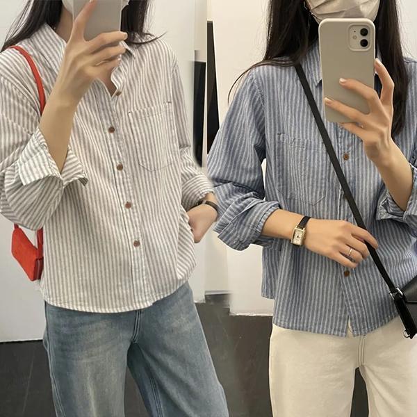 mimi&didi#S-3XL เสื้อเชิ้ตคอตั้งแขนยาวลายทางคลาสสิกสไตล์เรโทรลำลองสีน้ำเงินสำหรับผู้หญิง สวมใส่ได้หลากหลายโอกาส#W716