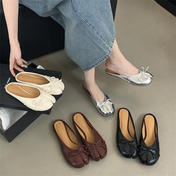 JA3 Fashion Bow Round Toe Lazy Shoes Split Toe Mules (ขนาด 35-39)