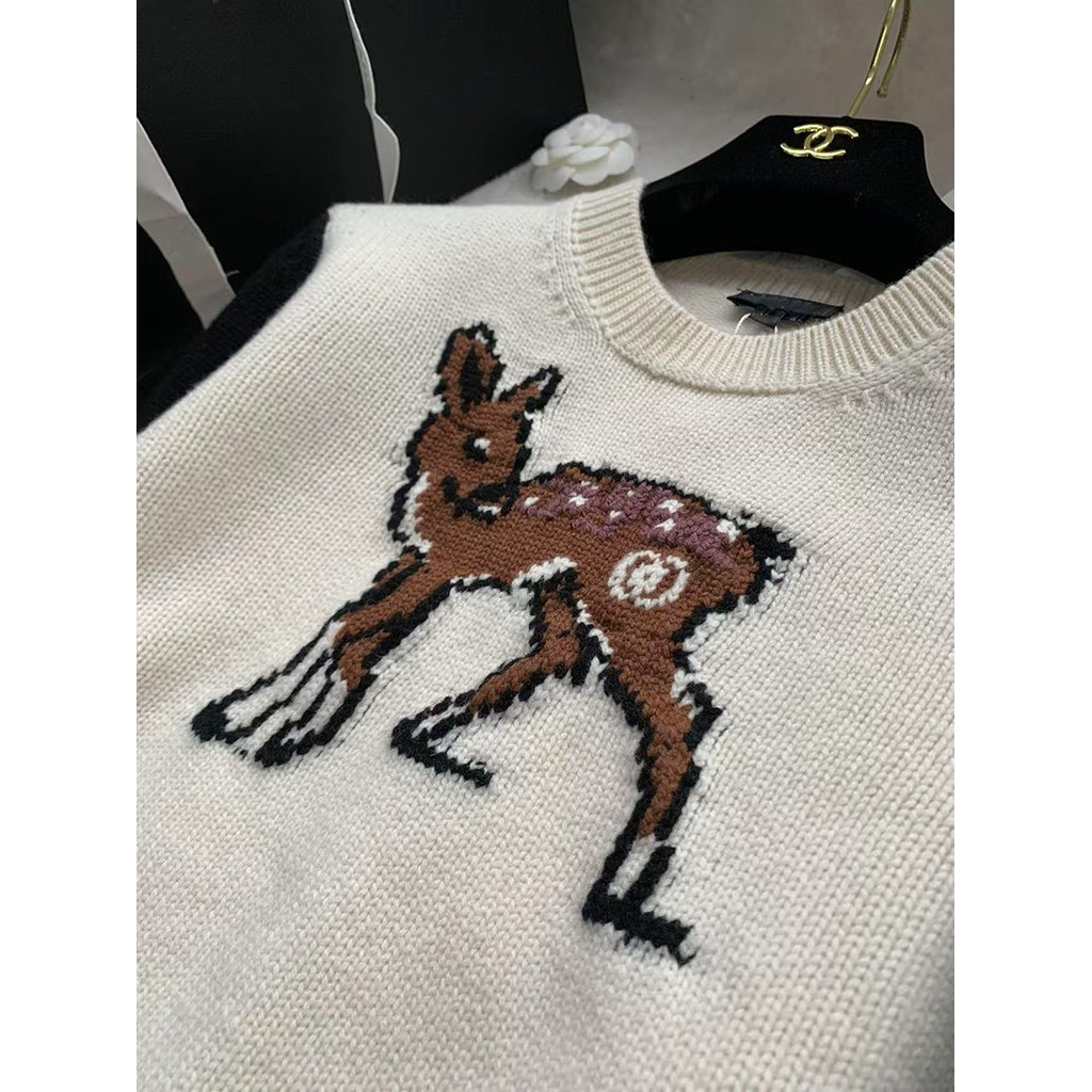 OL0E CH New Color-Block Round Neck Deer Youthful Casual Knitted Wool Sweater