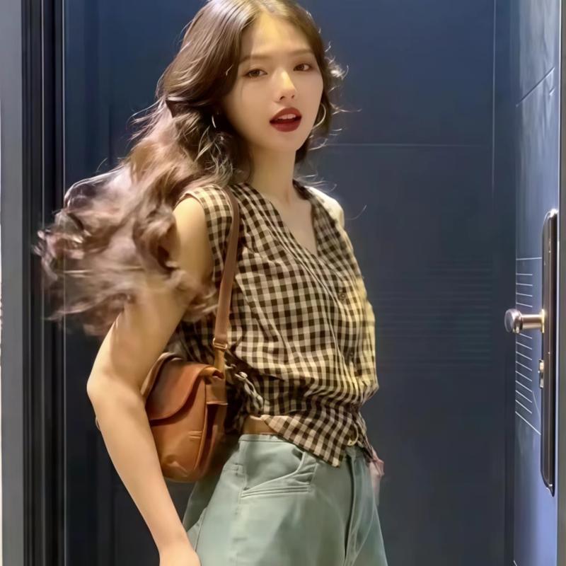 เสื้อเชิ้ตแขนกุดคอวีลายสก๊อตผู้หญิงอายุประมาณ 2025 ฤดูร้อนใหม่เสื้อกั๊กร้อน 2025V สไตล์สก๊อตสำหรับผู้หญิง ราคา ถูกที่สุด ดีลบีเคเค แกลเลอรีภาพที่ 4
