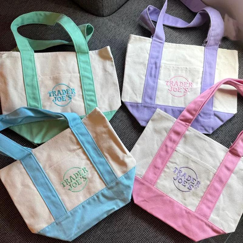 Trader Joe's Mini Pastel Canvas Tote Bags กระเป๋าโท้ทพับได้ทันสมัย ​​ใช้ซ้ำได้ เหมาะสำหรับการเดินทาง