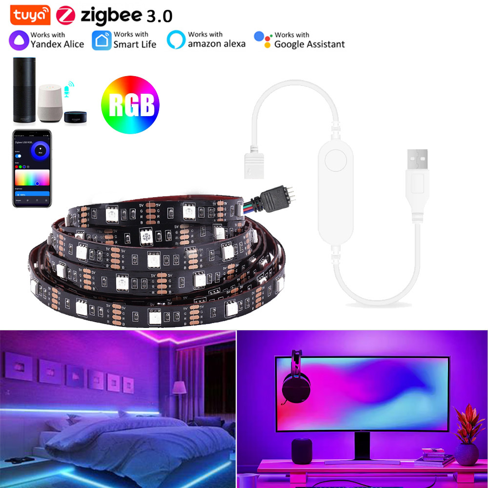 Zigbee USB 5V RGB LED Strip Light Tuya Smart Life APP ควบคุม 5050 โคมไฟทํางานร่วมกับ Alexa Google Ho