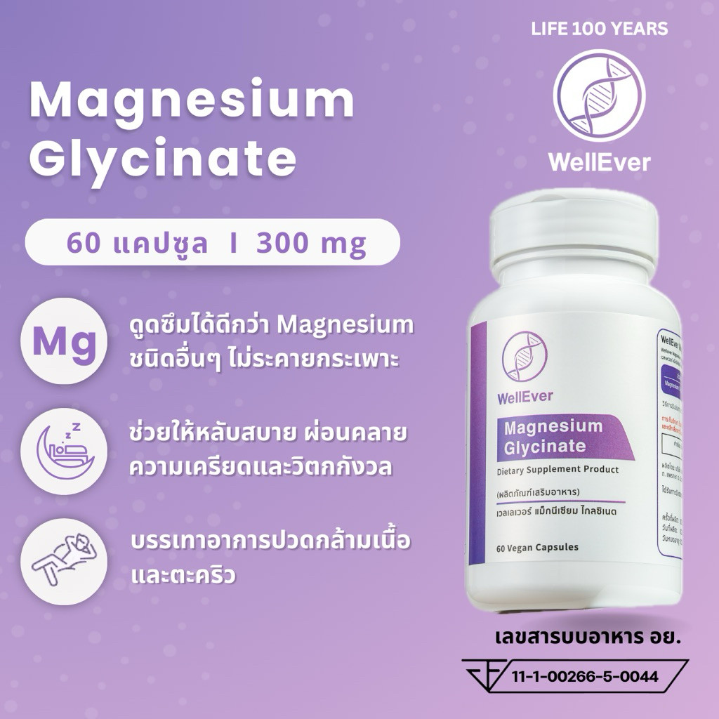 Magnesium Glycinate (60 แคปซูล) WellEver Magnesium Glycinate นอนหลับสบาย ผ่อนคลายจากการห่วง
