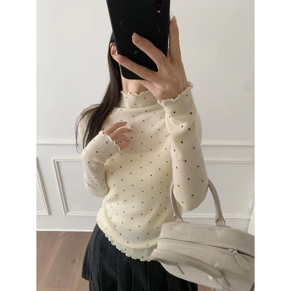 Vogue พร้อมส่ง  เสื้อยืดแขนยาว คอเต่าเล็ก ดีเทลลายจุด สีขาวเทา ใสาสบาย (FY7874) ราคา ถูกที่สุด ดีลบีเคเค แกลเลอรีภาพที่ 3