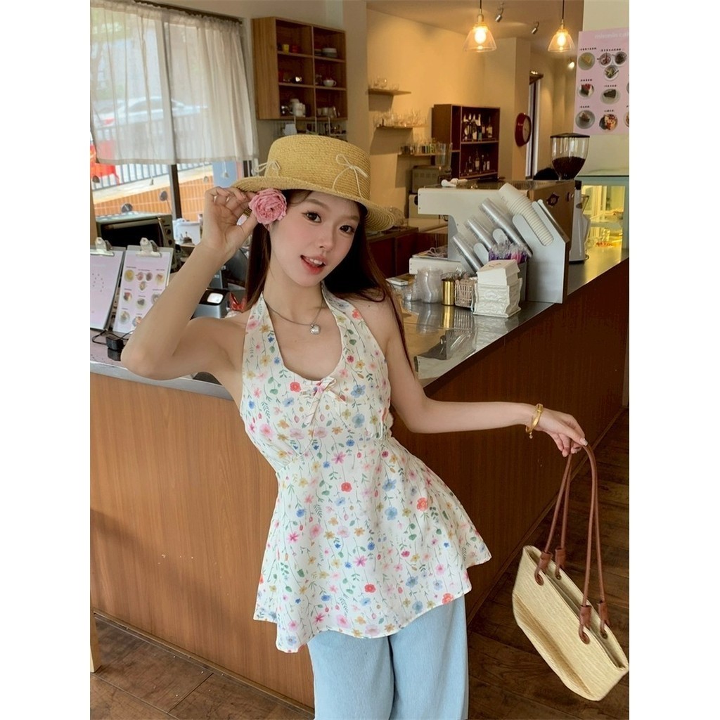 🍓Evelyn🍓กระโปรงผู้หญิง ลายดอกไม้ คล้องคอ เข้ารูป เสื้อแขนกุด สไตล์เกาหลี แฟชั่น ใส่สบาย พร้อมส่งจากไทย - รูปที่ 5