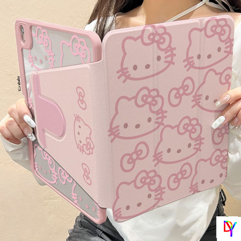 Hello Kitty ด้ายสีชมพูหมุนสามพับเคสiPad Air8-M4 Gen11-A16/Air7 M3 2025/Air6/5/4 M2 mini6/7 อะคริลิคPro2025 M5 Gen10th 10.9 นิ้วGen7/8/9 10.2 นิ้วAnti-drop ip