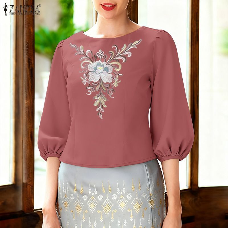ZANZEA เสื้อแฟชั่นเกาหลีสำหรับผู้หญิง แขน3/4 ติดกระดุม ลายดอกไม้ — صورة 6
