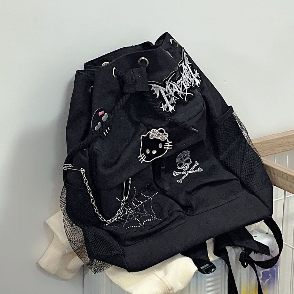 Dark Punk Hellokitty Rock Backpack Drawstring ปัก Spider Web School Bag Harajuku
