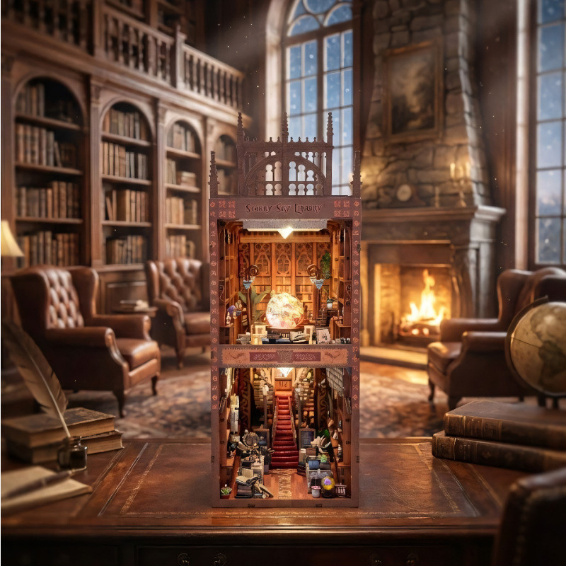 Starry Sky Library ไม้ diy Hut Model House 3d สามมิติประกอบ Bookend Creative Desktop ตกแต่งวันหยุดขอ