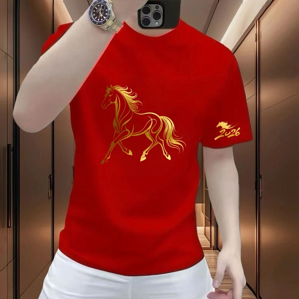 เสื้อยืดผ้าฝ้ายแท้แขนสั้นสำหรับผู้ใหญ่และเด็ก แบบเบนมิง ทรงรอบคอดูสบายๆ
