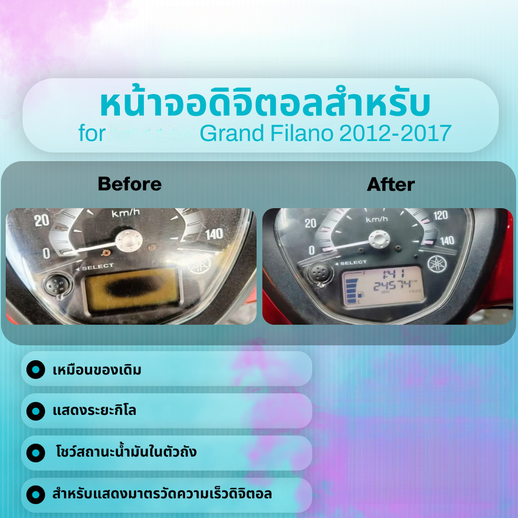 Grand Filano 125 จอไมล์แก้ว แสดงความเร็ว น้ำมัน และสถานะรถครบถ้วน ชัดเจนทุกการขับขี่