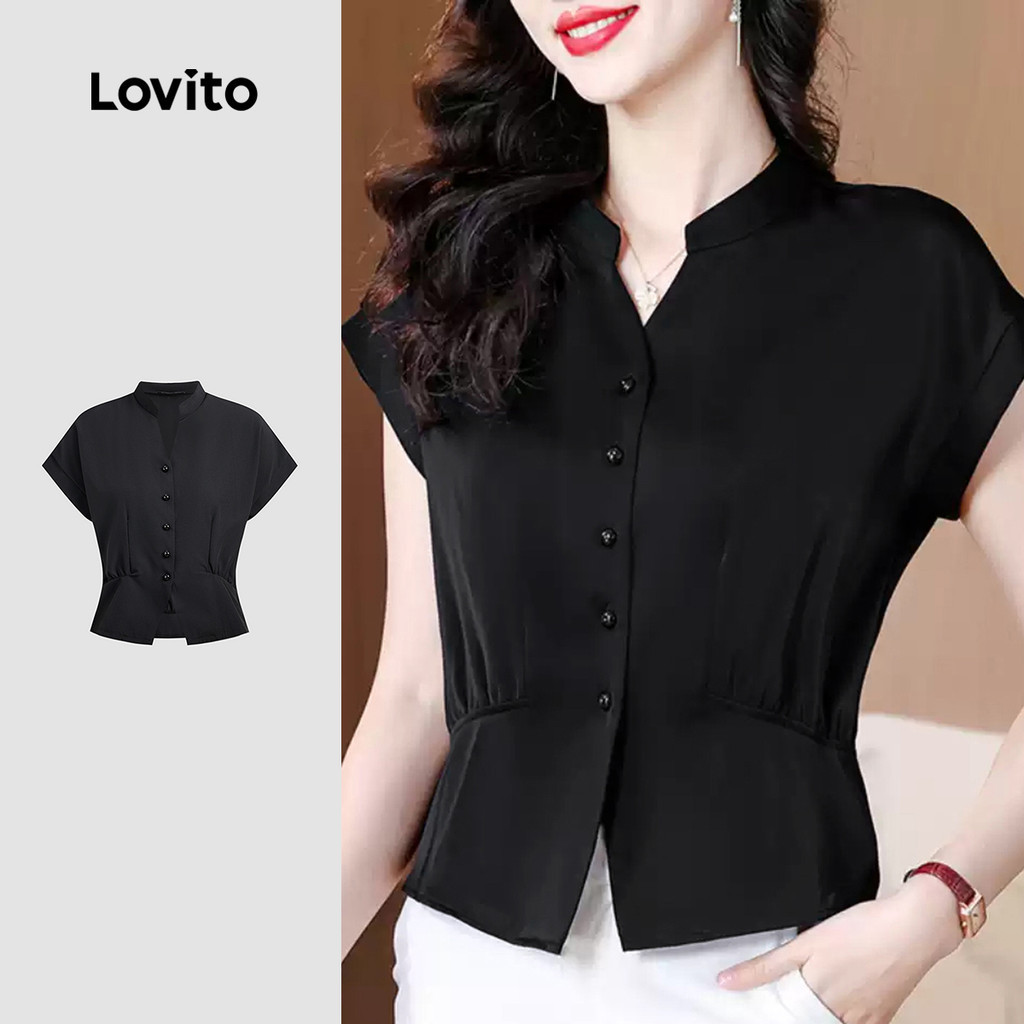 Lovito เสื้อผู้หญิงแบบสุภาพ แขนทรงเสื้อบานปุ่ม สปริง/ซัมเมอร์ สีดำ L150ED107