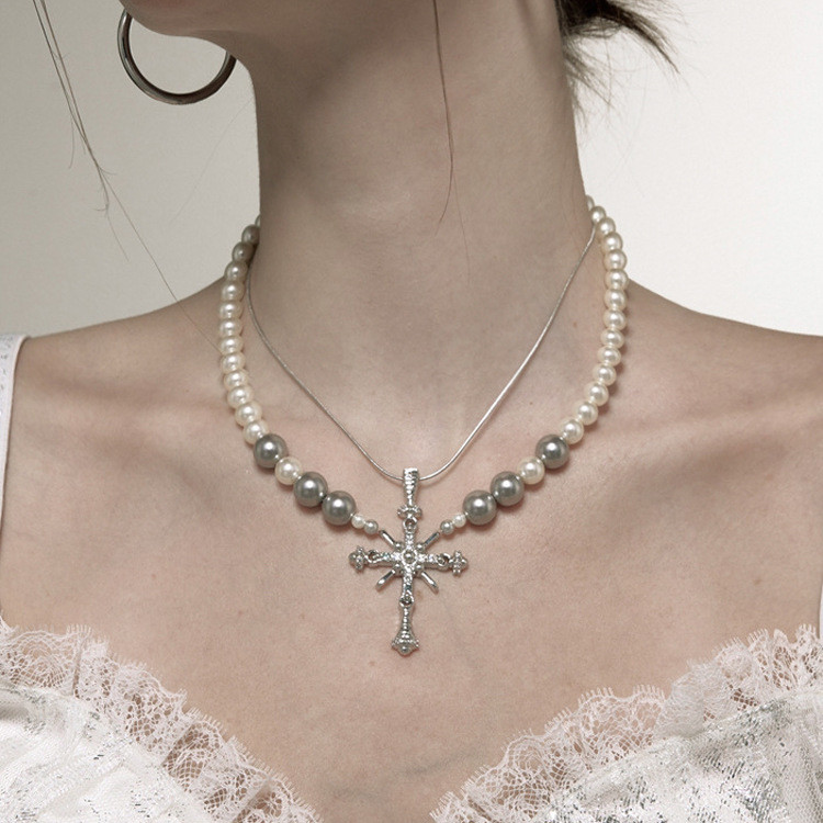Pearl Snake Bone Chain Spliced Cross Light Luxury Necklace
