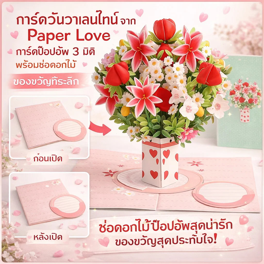 🌼สินค้าขายดี🌼การ์ด3Dดอกไม้วันวาเลนไทน์ แฮนด์เมด ของขวัญเซอร์ไพรส์ คู่รัก อกหัก แต่งตัว งานแต่ง แพ็คเกจสวย วัสดุรีไซเคิล+เขียนข้อความได้