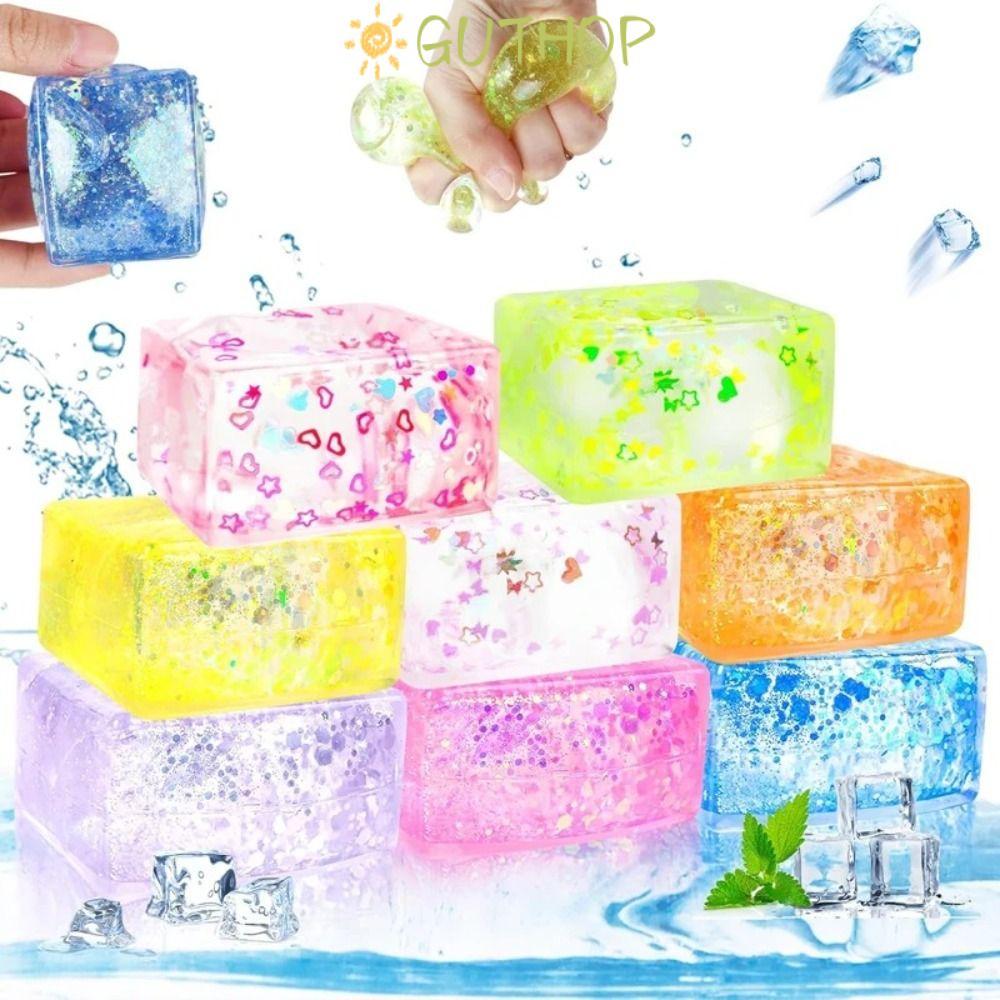 GUTHOP Glitter Squishy Cube, Soft Texture Decompression Gel Ice Cube, Creative Slow Rise Malt Sugar 
