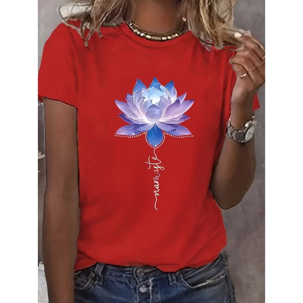 เสื้อยืดคอกลมแขนสั้นสีขาว ลายดอกบัวสีน้ำเงินและม่วง thumbnail 3