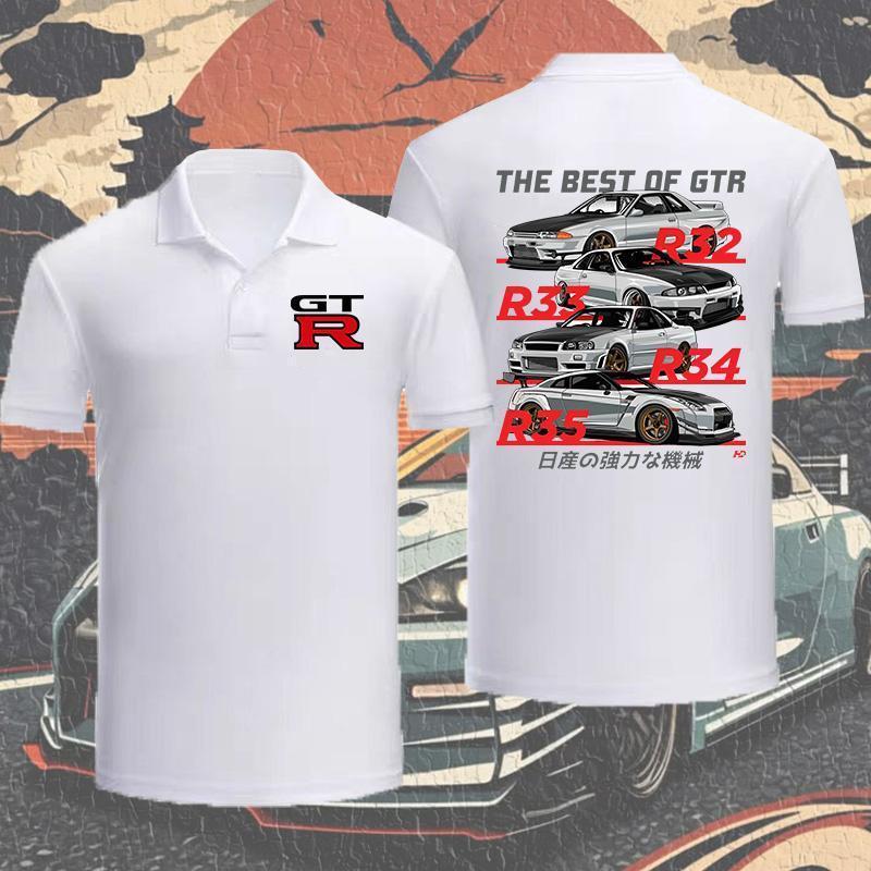เสื้อโปโลพิมพ์ลายรถแข่ง Nissan GTR ทำจากผ้าฝ้ายแท้ แขนสั้น สำหรับผู้ชายและผู้หญิง มีไซส์ S-3XL